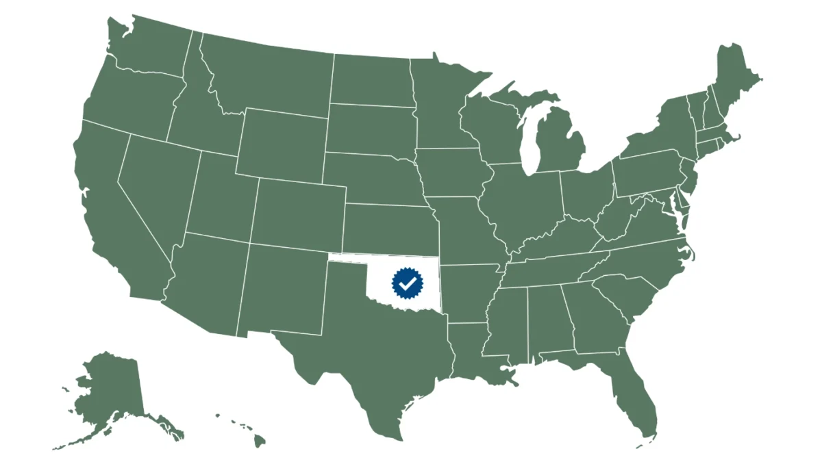 Map of the United States with Oklahoma Listed as an Officially approved state for various continuing learning credits.
